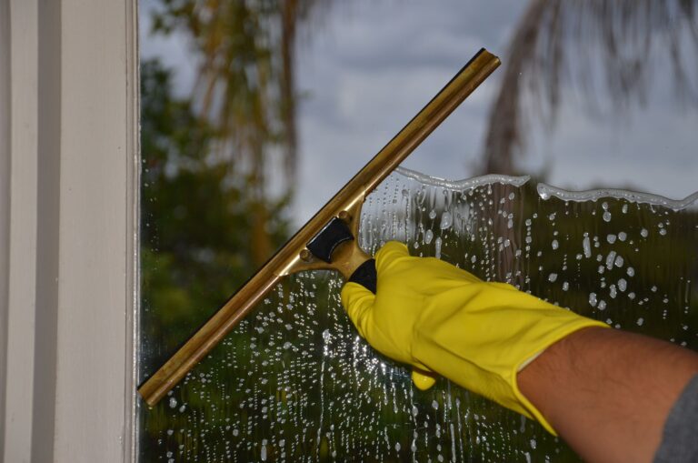 Fensterreinigung in Heilbronn, streifenfreies Abziehen einer eingeseiften Glasscheibe