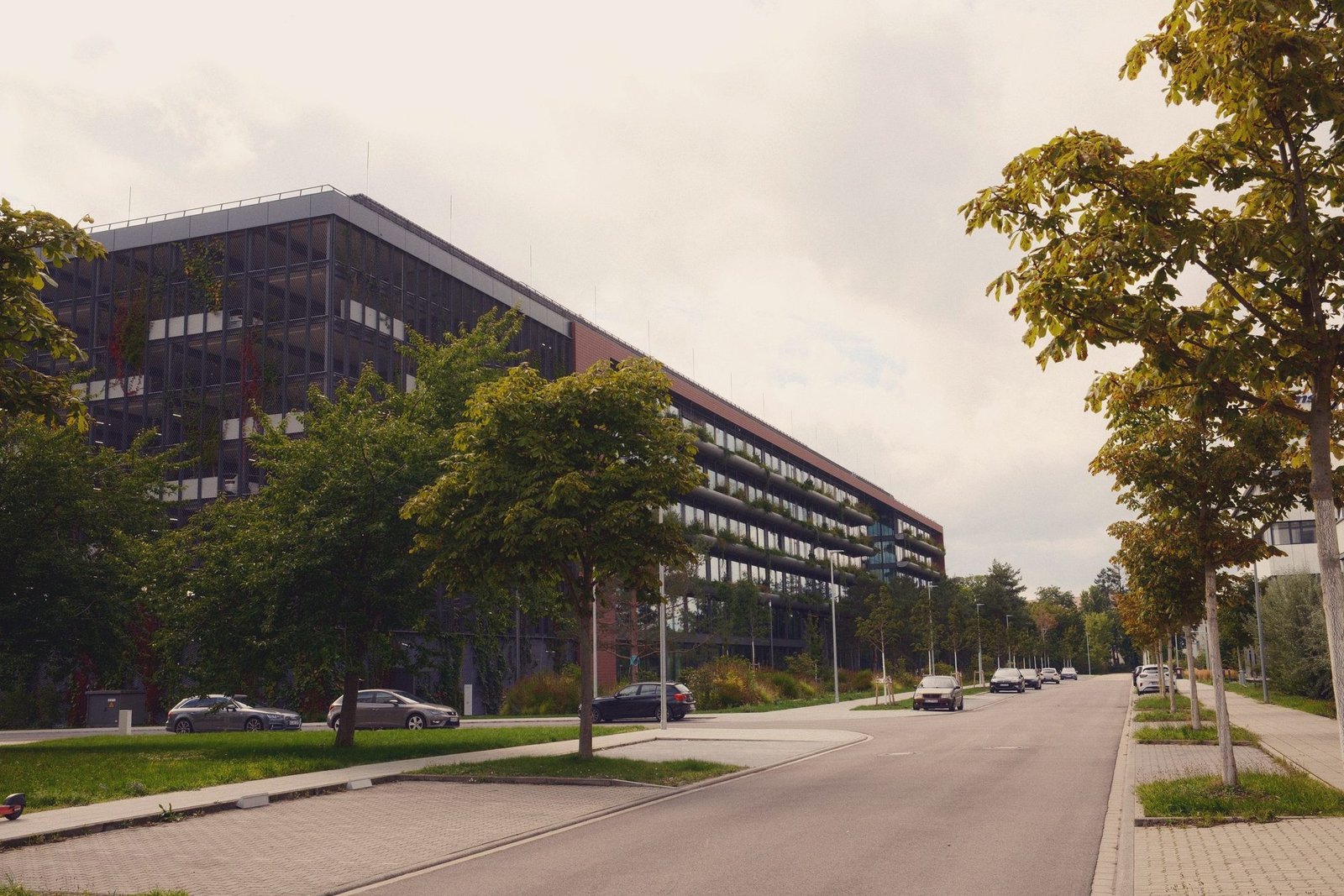 Modernes Bürogebäude an einer baumbestandenen Straße