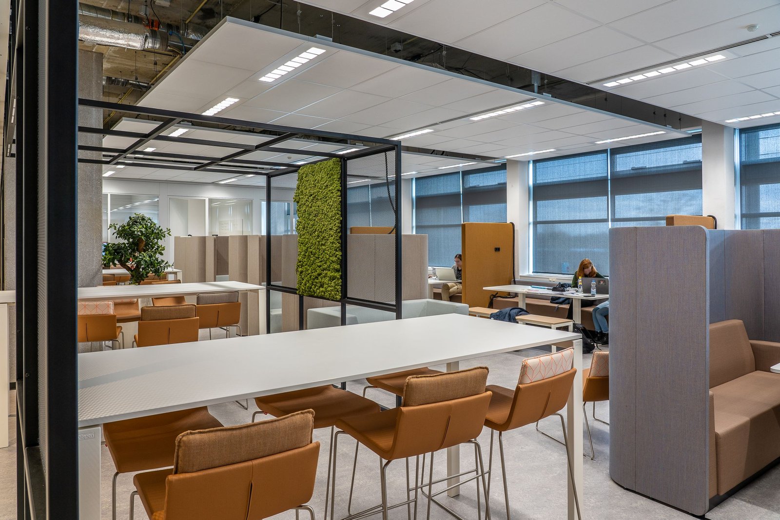Helle Bürofläche mit hohen Tischen, Sitzinseln und einer Mooswand